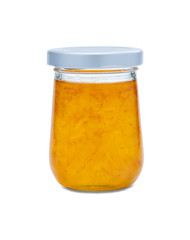 orange fruit jams in clear glass bottle isolated on white background