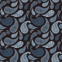 Paisley pattern background, seamless floral textile ornament, vector illustration. Pastel pale blue and black abstract vintage Paisley pattern, flower decoration, floral fabric fashion art design