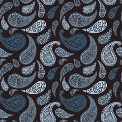 Deurstickers Paisley Paisley patroon achtergrond, naadloze bloemen textiel sieraad, vectorillustratie. Pastel lichtblauw en zwart abstract vintage Paisley patroon, bloemdecoratie, bloemen stof mode kunst design