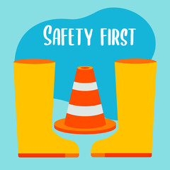 Baner postcard of flat vector icons for safety work with text.  illustration road cone.