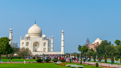 Agra, Uttar Pradesh, India- Feb, 2020 : the garden in front of the Taj Mahal, Agra, India