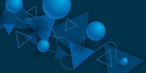 Dynamic 3d spheres and paper cut triangles. Abstract background with realistic blue ball and triangle. Vector illustration with levitating bubbles. Horizontal blue banner. Design cover, wallpaper, web