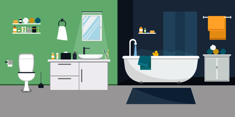 Bathroom interior with furniture in flat design style. Vector illustration.