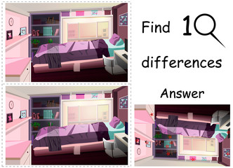 Game find 10 differences in the illustration of the room with the answer