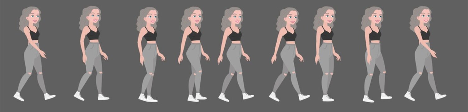 Beautiful attractive young girl. A teenager's walk or a student's girlfriend's walk. Geek character for animation.