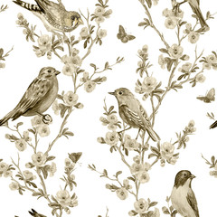 Seamless pattern of birds and flowering branches, monochrome background for wallpaper, print for fabric and other designs.