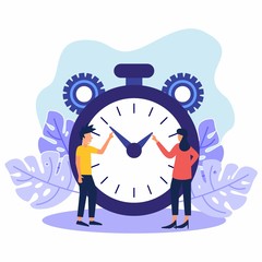 Vector illustration, stopwatch young man and woman with white background, express service, time management concept, fast reaction.