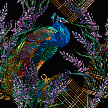 Peacocks, golden cage and lavender flowers. Seamless pattern. Exotic colorful birds. Embroidery art. Fashionable template for design of clothes, t-shirt design, tapestry