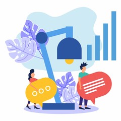 Vector illustration, flat style, entrepreneurs discussing social networking, news, social networking, chat, dialogue, speech bubbles, business and business. Large backlight.