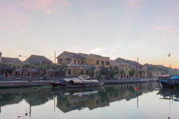 Fototapeta na wymiar Panorama Aerial view of Hoi An ancient town, UNESCO world heritage, at Quang Nam province. Vietnam. Hoi An is one of the most popular destinations in Vietnam. Boat on Hoai river