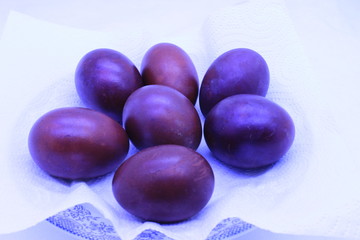 Colored chicken eggs for the holiday. Russia.