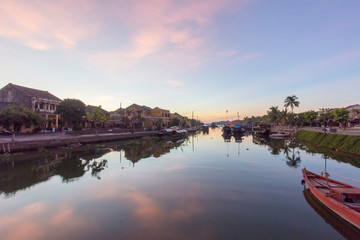 Panorama Aerial view of Hoi An ancient town, UNESCO world heritage, at Quang Nam province. Vietnam. Hoi An is one of the most popular destinations in Vietnam. Boat on Hoai river