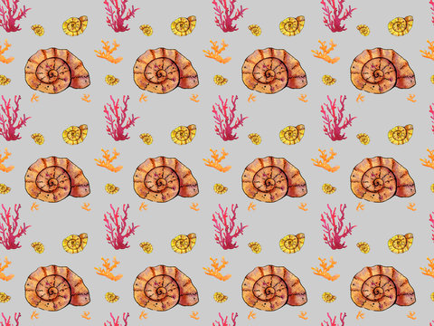 Seamless pattern. Hand paint watercolor seashells and corals on white background.
