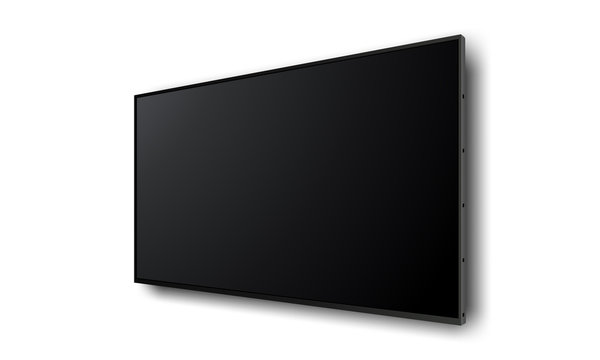 Wall wide television screen mockup with perspective view, isolated on white background. Vector illustration