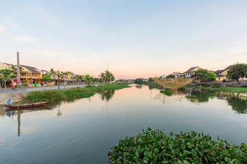 Panorama Aerial view of Hoi An ancient town, UNESCO world heritage, at Quang Nam province. Vietnam. Hoi An is one of the most popular destinations in Vietnam. Boat on Hoai river