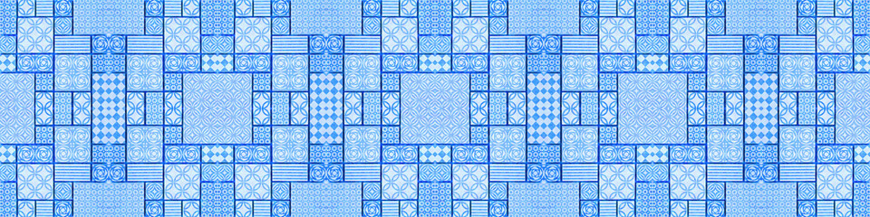 Blue white vintage retro geometric square rectangle mosaic stamp art motif cement tiles print texture background banner panorama