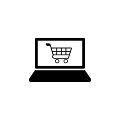 Laptop, desktop, computer icon with shopping baskets in black simple design on an isolated background. EPS 10 vector.