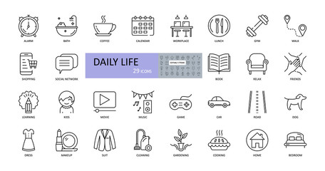 Vector daily life icons. Editable Stroke. Daily routine, home, work, children, entertainment, sports, food and cooking, car, road, pets, shopping, clothes, cleaning, gardening, reading