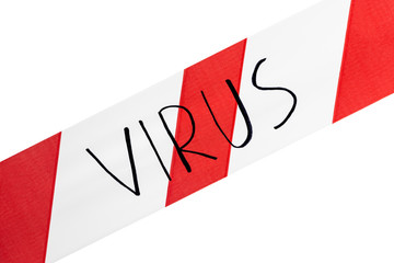 Label virus. Red and white warning tape with the inscription virus close up on an isolated white...