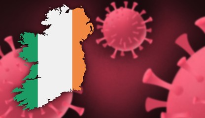 Ireland  map with flag pattern on  corona virus update on corona virus background, space for add text,information,report new case,total deaths,new deaths,serious critical,active cases