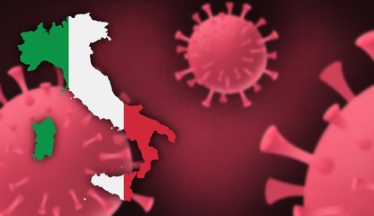 Italy map with flag pattern on  corona virus update on corona virus background, space for add text,information,report new case,total deaths,new deaths,serious critical,active cases