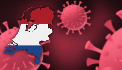 Netherlands  map with flag pattern on  corona virus update on corona virus background, space for add text,information,report new case,total deaths,new deaths,serious critical,active cases