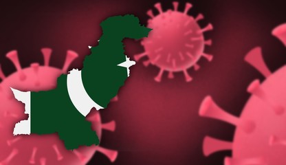 Pakistan  map with flag pattern on  corona virus update on corona virus background, space for add text,information,report new case,total deaths,new deaths,serious critical,active cases