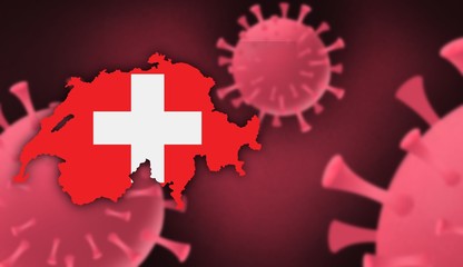 Switzerland  map with flag pattern on  corona virus update on corona virus background, space for add text,information,report new case,total deaths,new deaths,serious critical,active cases
