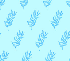 Blue spring branches on a blue background. Can be used for print and design, sketch textile, background, wrapping paper, packaging. Watercolor illustration pattern.