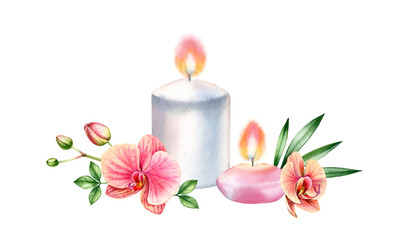 Watercolor two candles arrangement. Orange orchid flowers and tropical leaves. Spa and cosmetic products isolated on white background. Realistic hand drawn illustration