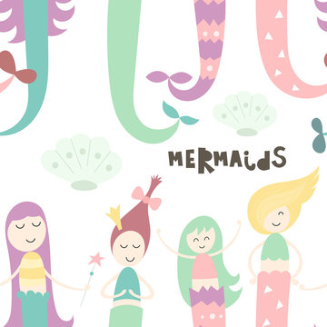 Little mermaid seamless pattern with different cute mermaids. Sea magic background. Vector Illustration. Great for wallpaper, baby clothes, greeting card, wrapping paper.