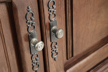 Brass door handles with ornate escutcheons