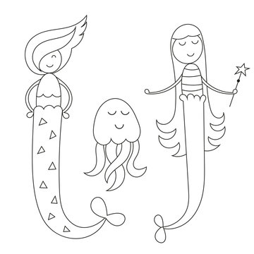 Coloring page for kids. Marine life - cute mermaid princess and cool jellyfish. Vector illustration. Funny coloring book for kids.