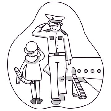 recommend clip art: The pilot raises his hand to the cap greeting a little boy. The boy holds in his hands a toy airplane. A man gets out of a passenger plane. Line art. Stock vector isolated illustration. Profession