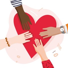 Four hands of different nationalities hold a large red heart. Banner concept of global international aid, support and solidarity. Poster about donation, charity, social assistance. Vector illustration