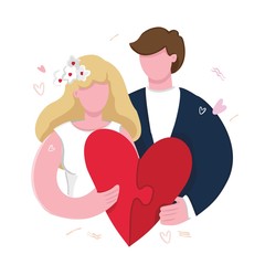 Married couple hold a large red heart in the shape of a puzzle. Happy bride and groom found their love. Banner concept of love marriage. A heart consisting of two puzzles. Flat vector illustration.