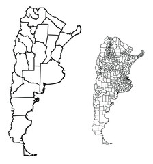 Argentina outline map vector with administrative borders, regions, municipalities, departments in black white colors