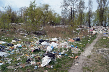 Spring landscape.Ecology of Ukraine. Nature near Ukrainian capital. Environmental contamination. Illegal junk dump.  Kiev,Ukraine