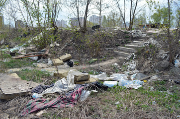 Spring landscape.Ecology of Ukraine. Nature near Ukrainian capital. Environmental contamination. Illegal junk dump.  Kiev,Ukraine