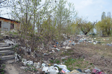 Spring landscape.Ecology of Ukraine. Nature near Ukrainian capital. Environmental contamination. Illegal junk dump.  Kiev,Ukraine