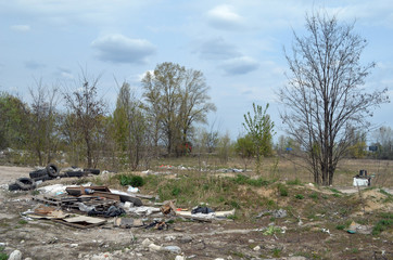 Spring landscape.Ecology of Ukraine. Nature near Ukrainian capital. Environmental contamination. Illegal junk dump.  Kiev,Ukraine
