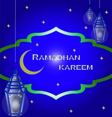 Fototapeta na wymiar Illustration of Ramadan Kareem (Generous Ramadan) greetings postcard for Islam religious festival with moon, stars, blue night sky and hanging illuminated lamp.