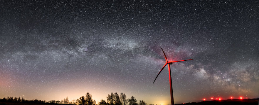 Droga Mleczna, Milky Way , Gwiazdy, Farma Wiatrowa nocą, noc, gwieździsta noc, n&oacute;w,