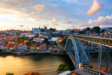 Aerial view of Ribeira area in Porto, Portugal during a sunny evening with river