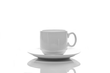 empty small white porcelain coffee Cup on a white saucer side view, isolated on a white background