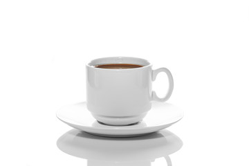 small white porcelain Cup with hot coffee on a white saucer side view isolated on a white background