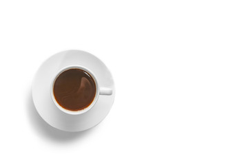 small white porcelain Cup with hot coffee on a white saucer top view isolated on a white background