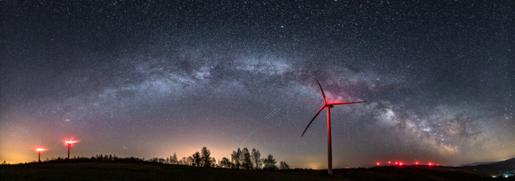 Droga Mleczna, Milky Way , Gwiazdy, Farma Wiatrowa nocą, noc, gwieździsta noc, n&oacute;w,