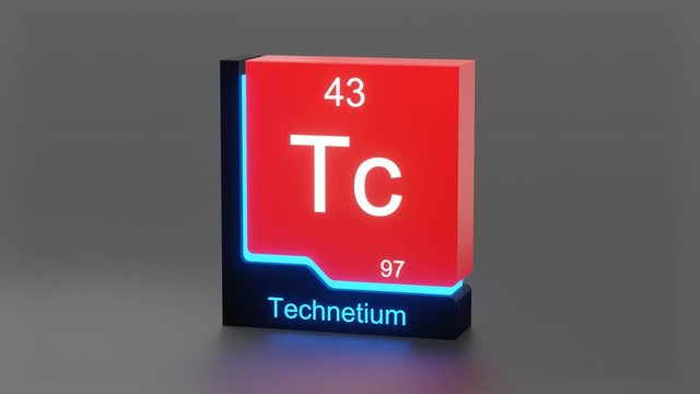 Technetium, periodic table element 3D animation, modern educational red icon with blue neon light