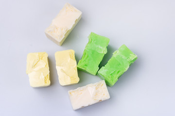 Handmade Spa Soap Organic Soa Various Soap Bars Spa Treatments Top View Horizontal Spa Concept